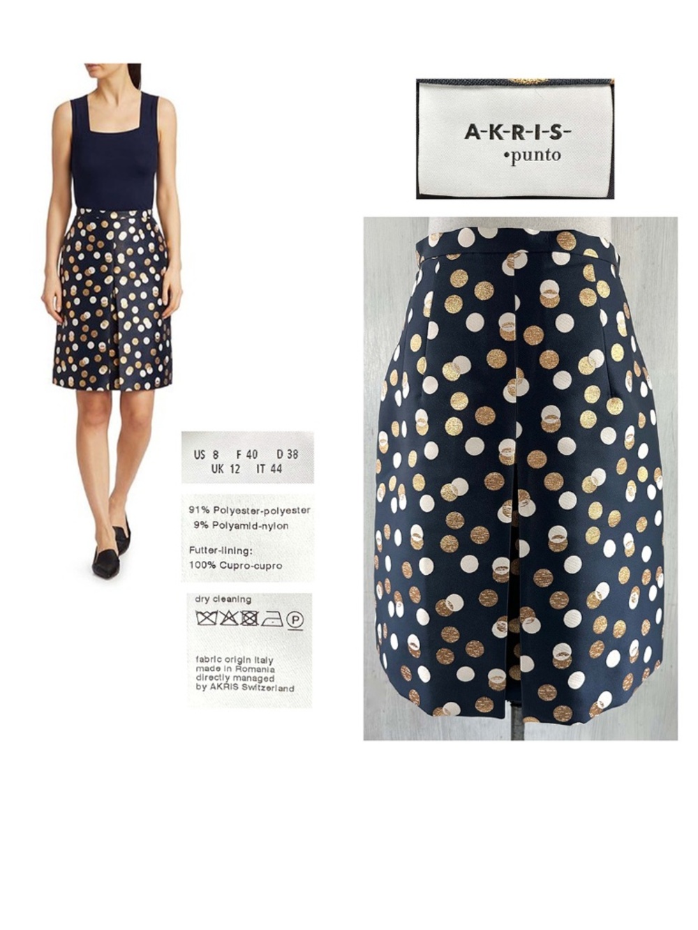 Akris Punto Navy + Gold Leaf Dot Front Pleat A-Line Skirt